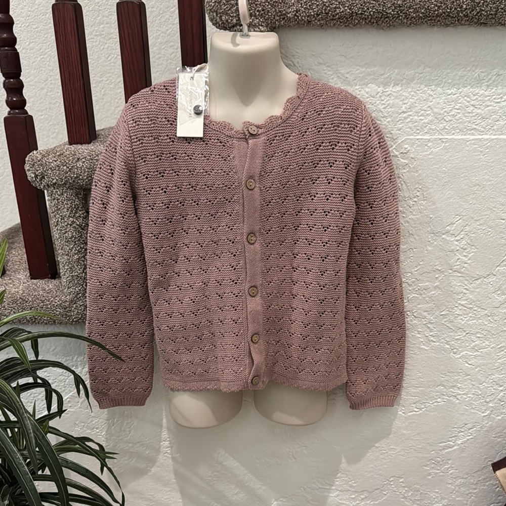 QUINCY MAE Girls 100% Organic Cotton Scalloped Cardigan Bubblegum Color 4-5Y NWT